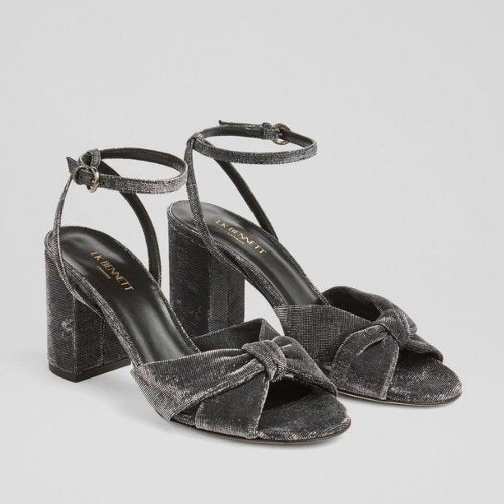 New LK Bennett Lucie Block Heel Sandals in Gunmetal Fabric Size 39 / US 9
